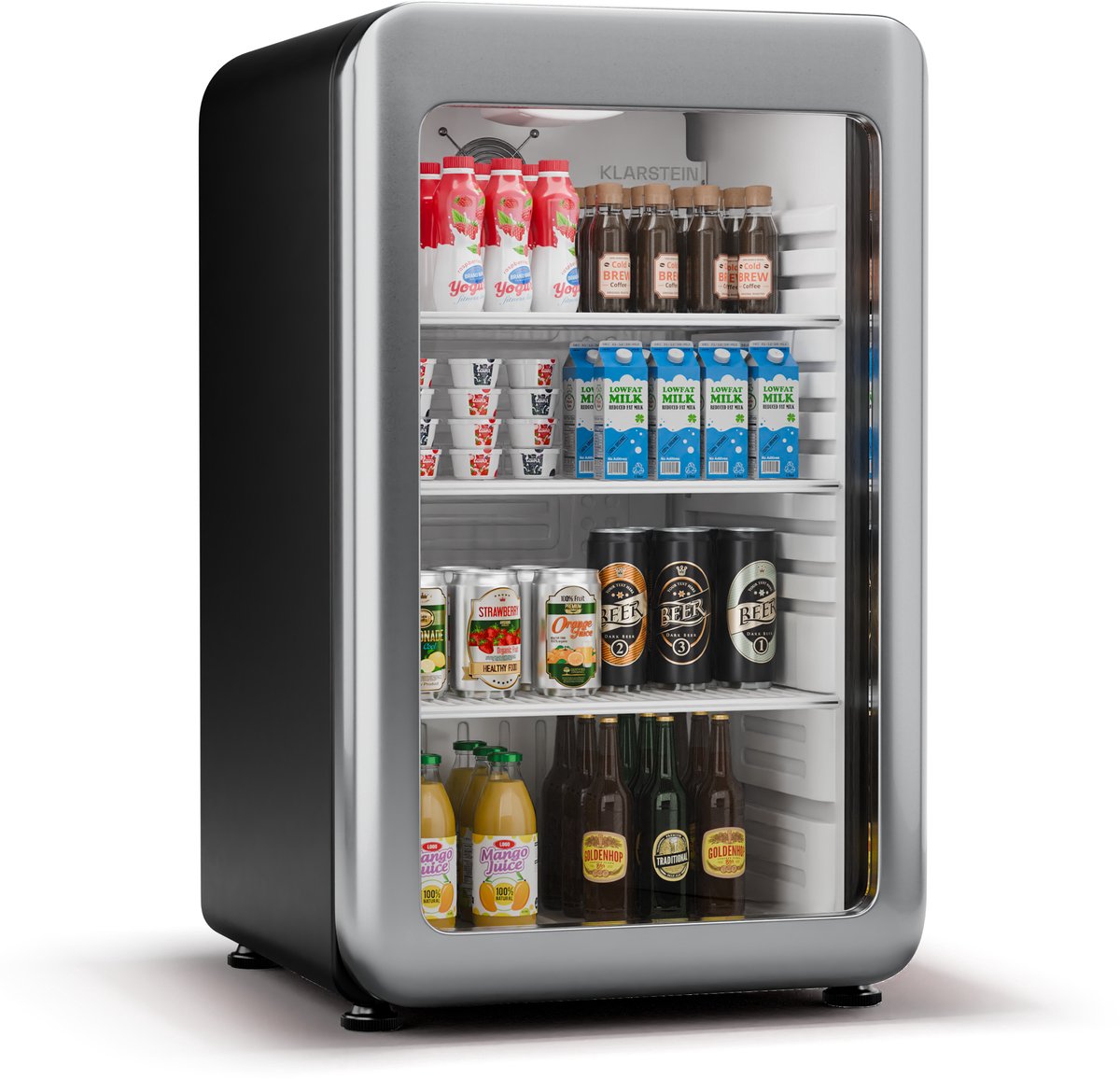 Klarstein Audrey Evo Drankenkoelkast met glazen deur - 115 liter, retro design, ledverlichting, dubbelwandige deur, 0-10 °C, energieklasse C, verstelbare pootjes, zwart