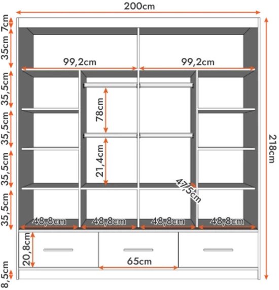 Armoire FLIX 200 cm - Armoire 2 portes coulissantes avec tiroirs et barres décoratives - Armoire moderne pour chambre (Wit)