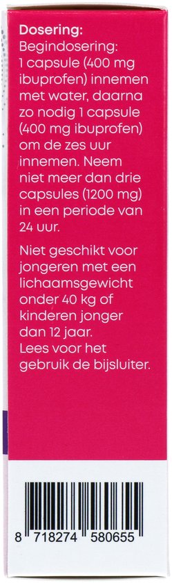 Zijkant doosje met dosering en barcode. "Dosering: 1 capsule (400 mg ibuprofen) innemen met water..."