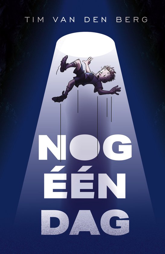 Boek met blauwe kaft. Een jongen in een voetbaltenue hangt in de lucht onder een lichtstraal. Titel "Nog één dag".