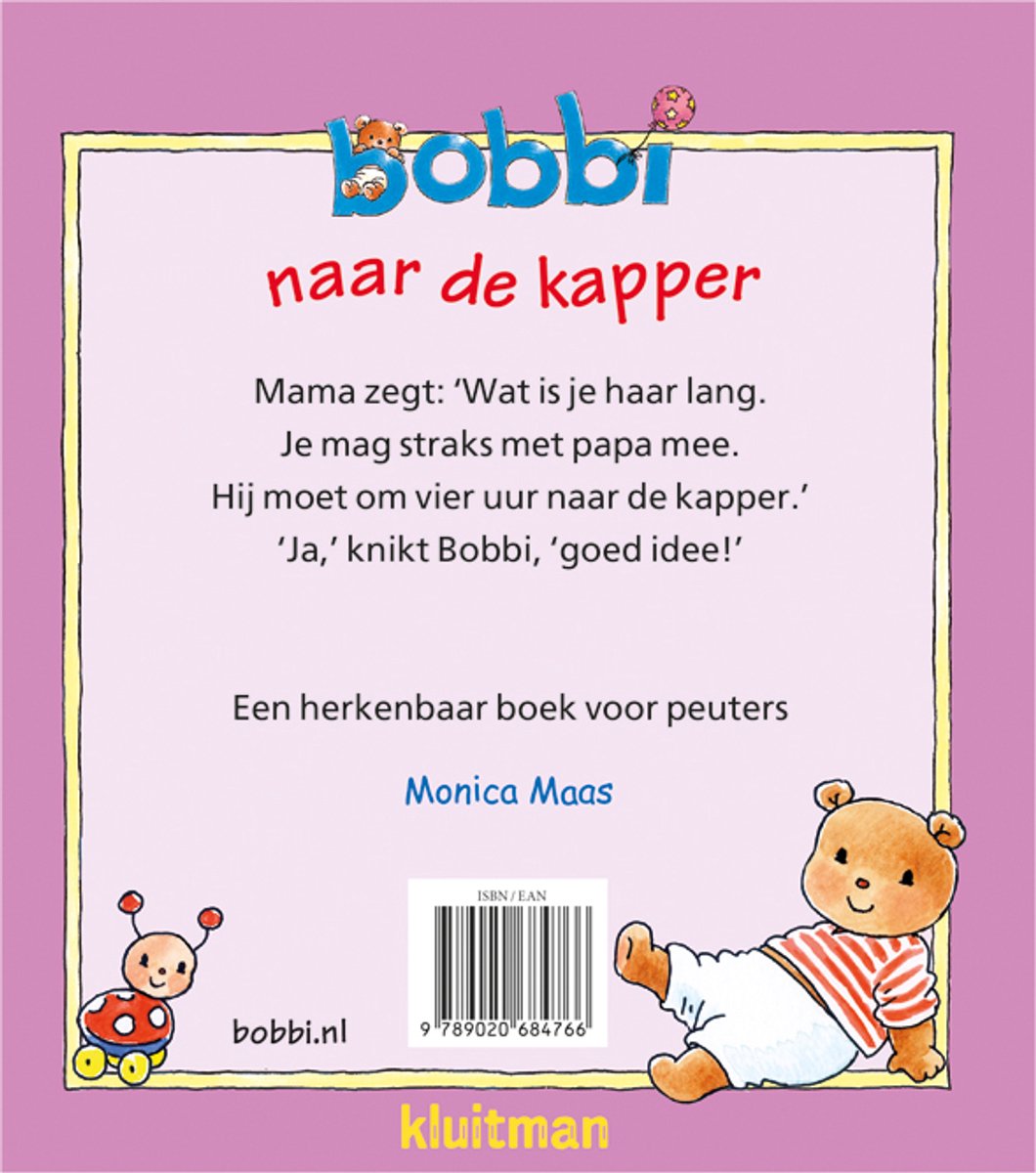 Achterkant van Bobbi naar de kapper met tekst, ISBN en een slapende Bobbi.