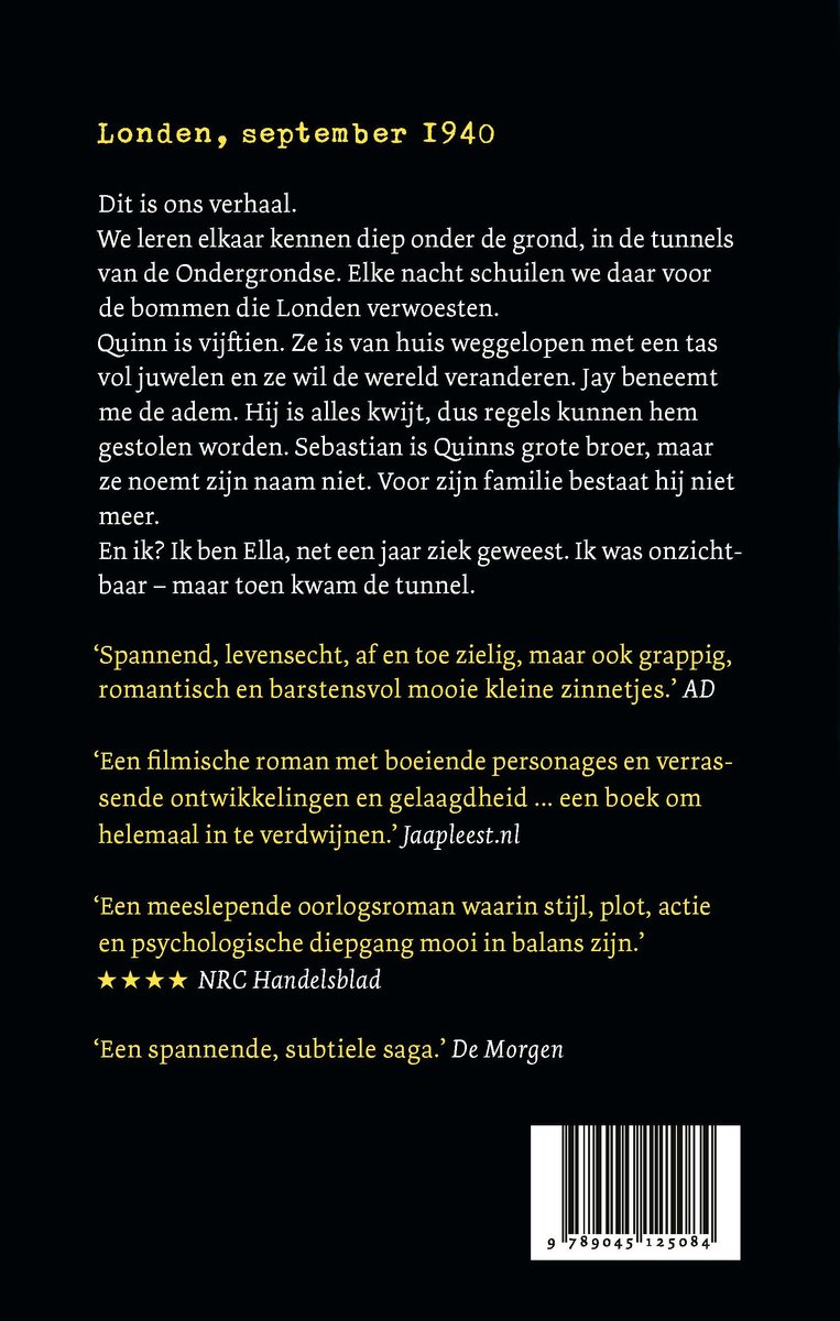 Boek achterkant: Een vrouw in silhouet, opgaand in de tekst over Londen in 1940.
