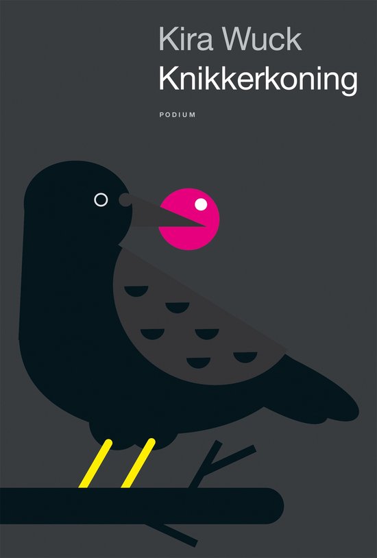 Boekcover met een zwarte vogel met een roze mond, zittend op een tak. Titel 'Kira Wuck Knikkerkoning'.
