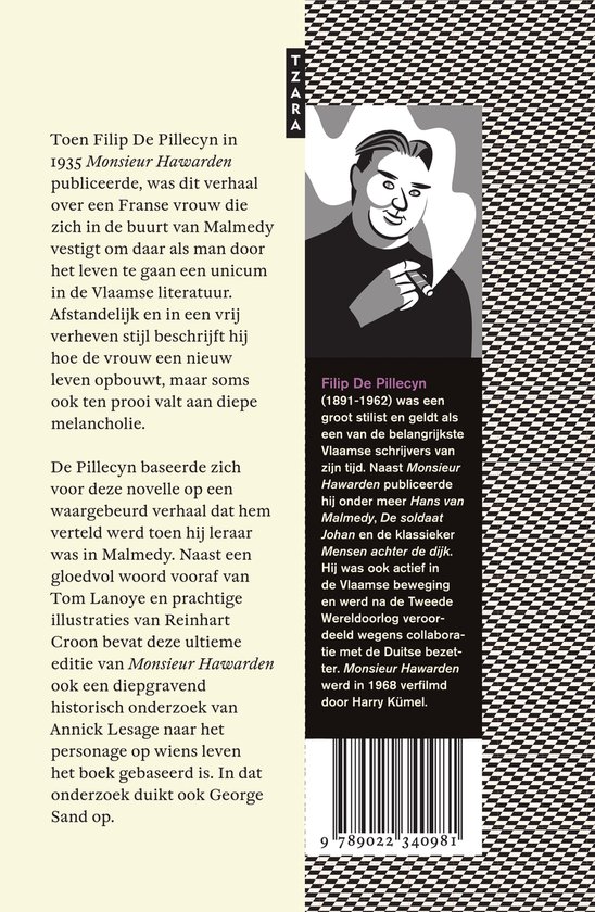 Boekomslag met portret van Filip De Pillecyn en tekst over zijn werk "Monsieur Hawarden".