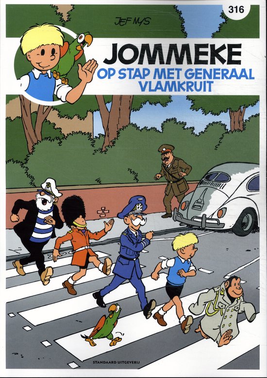 Stripcover 'Jommeke 316 - Op stap met Generaal Vlamkruit' met Jommeke, Flip en anderen op een zebrapad.