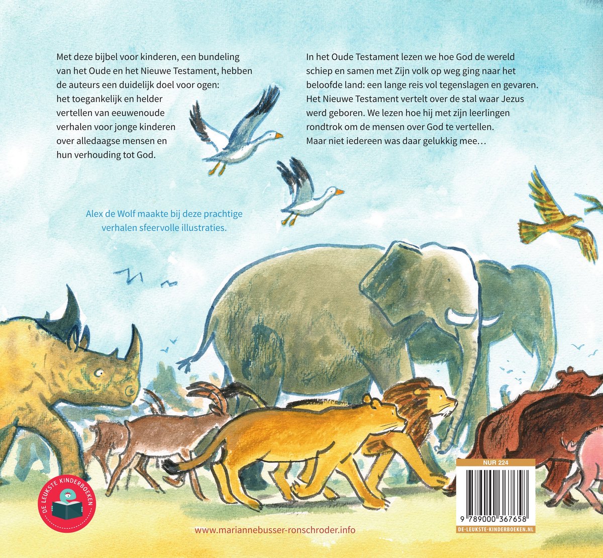 Achterkant van het kinderbijbelboek met illustraties van dieren: neushoorn, leeuwen, olifanten en een varken, met tekst en ISBN.