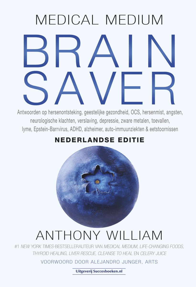 Boek Medical Medium Brain Saver, Nederlandse editie, met een afbeelding van bosbessen en de tekst 'Brain Saver'.