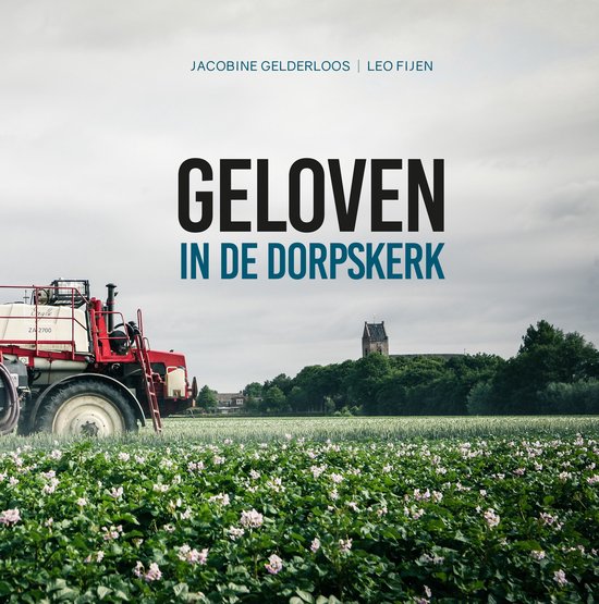 Titel: Geloven in de dorpskerk. Op de voorgrond bloeiende aardappelplanten, op de achtergrond een kerk en een tractor.