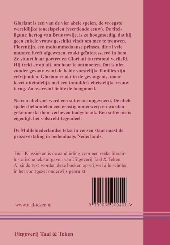 Achterkant van een boek. Tekst beschrijft de inhoud van 'Gloriant' en 'De buskenblaser' en de serie 'T&T Klassieken'.