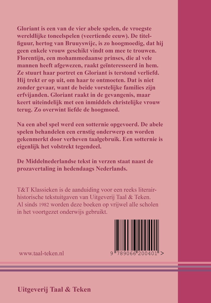Achterkant van een boek. Tekst beschrijft de inhoud van 'Gloriant' en 'De buskenblaser' en de serie 'T&T Klassieken'.