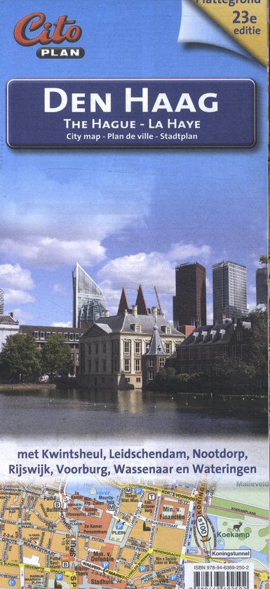 Kaart van Den Haag met het Binnenhof en moderne gebouwen, inclusief omringende plaatsen.