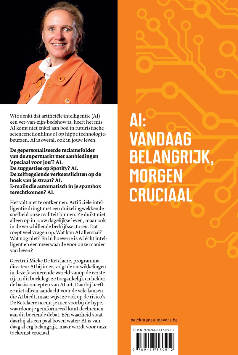Boekcover 'AI: vandaag, belangrijk, morgen cruciaal' met foto van Geertrui Mieke De Ketelaere, gele tekst op oranje achtergrond met print van printplaten.