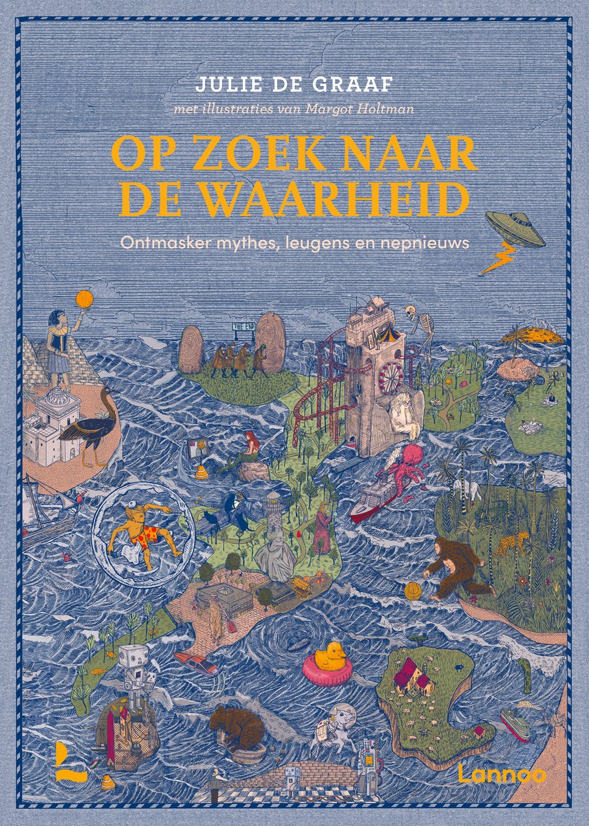 Boekomslag 'Op zoek naar de waarheid' met illustraties van mythen, legenden en de ruimte.