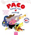 Paco houdt van muziek: Olifant met trompet en hond met gitaar lopen. Diverse stickers met steden en muziekstijlen op hun kleding.