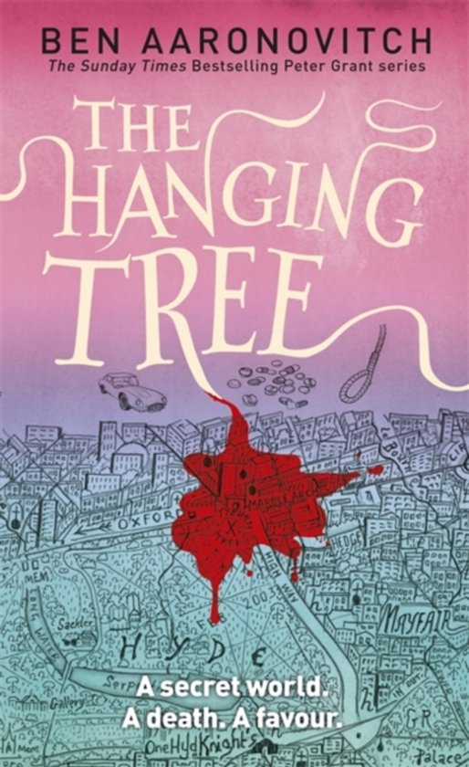 Boekcover van The Hanging Tree door Ben Aaronovitch, met een gedetailleerde kaart van Londen, een rode vlek en een strop.