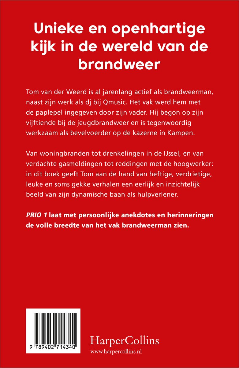 Achterkant van het boek "PRIO 1" met tekst over de inhoud en de auteur Tom van der Weerd.