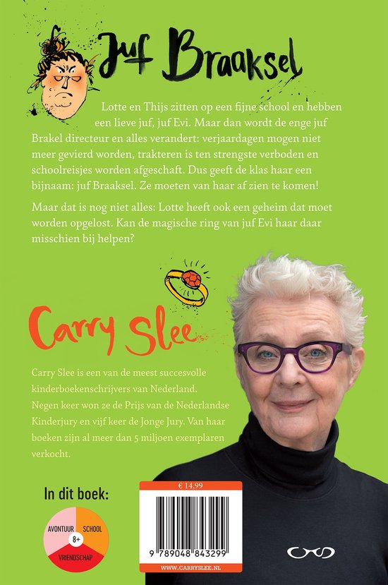 Portret van Carry Slee met bril en een zwarte coltrui, tekst in het Nederlands
