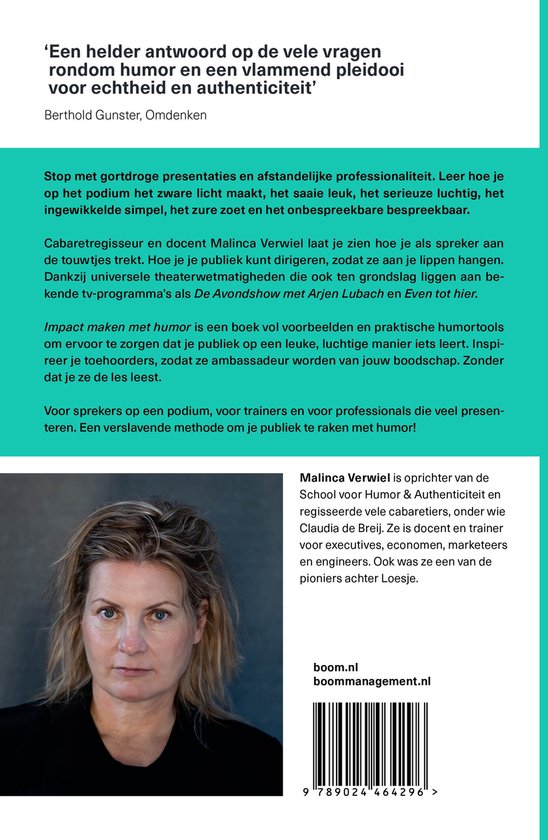 Portret van Malinca Verwiel met tekst over "Impact maken met humor".