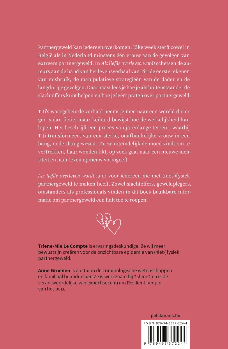 Achterkant van een boek met informatie over partnergeweld, auteurs Triene-Mie Le Compte en Anne Groenen, ISBN en website.