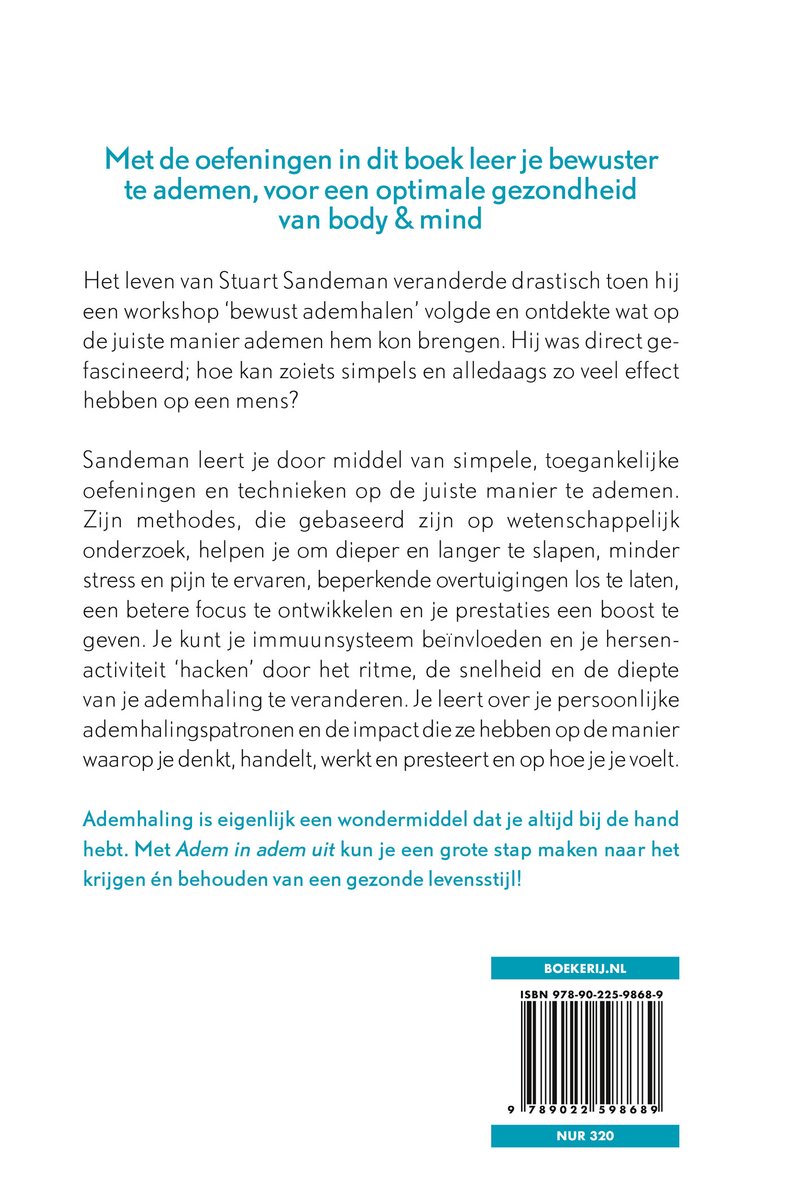 Achterkant van het boek Adem in adem uit met tekst en barcode.