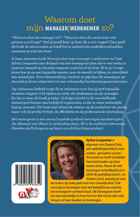Achterkant van het boek "Waarom doet mijn manager werknemer zo?" met een foto van auteur Sylvia Leegwater en een biografie.