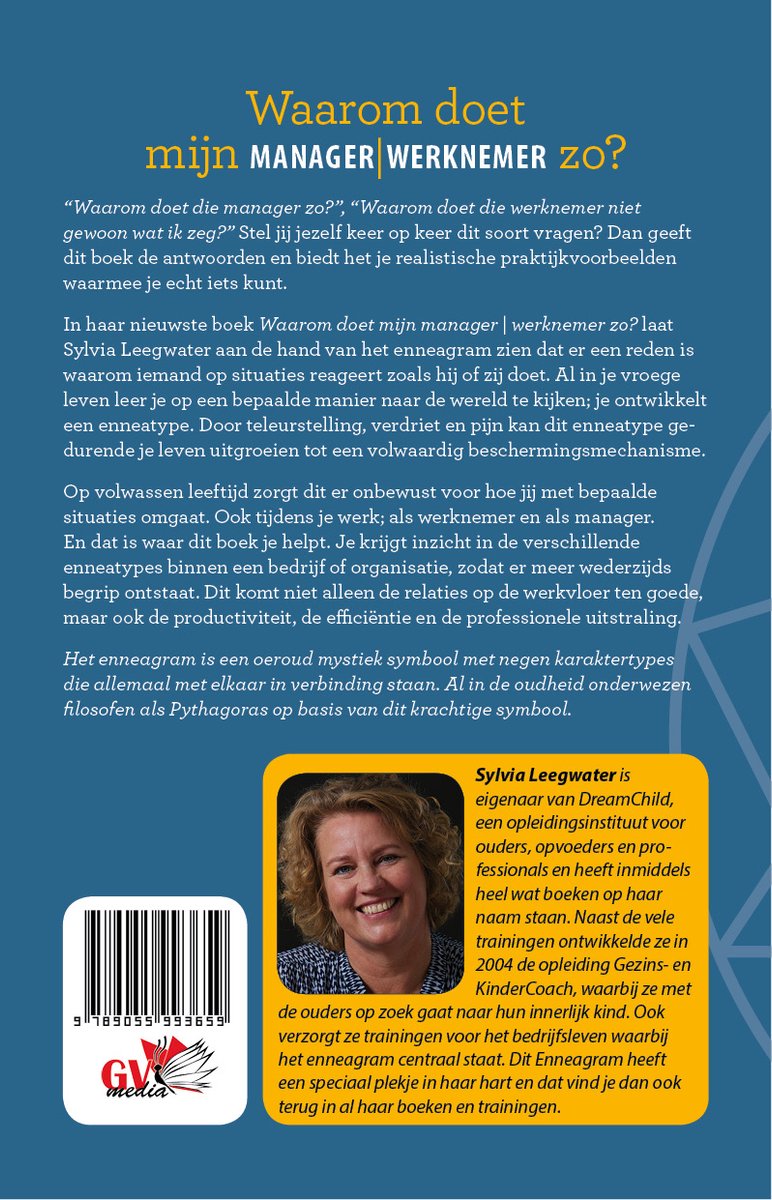 Achterkant van het boek "Waarom doet mijn manager werknemer zo?" met een foto van auteur Sylvia Leegwater en een biografie.