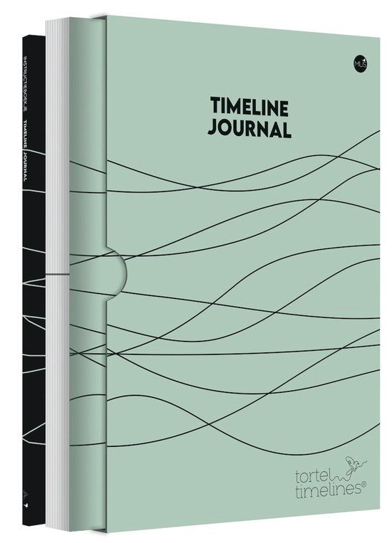 Mintgroen 'TIMELINE JOURNAL' notitieboek met lijnenpatroon. Zwart boek ernaast.