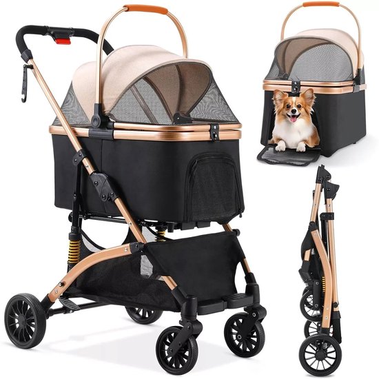 PawHut Hondenbuggy, Opvouwbare Hondenwagen Voor Grote Honden Huisdierwagen Met 4 Wielen Veiligheidsriemen Remmen Zwart~1t4nt6ie9u001