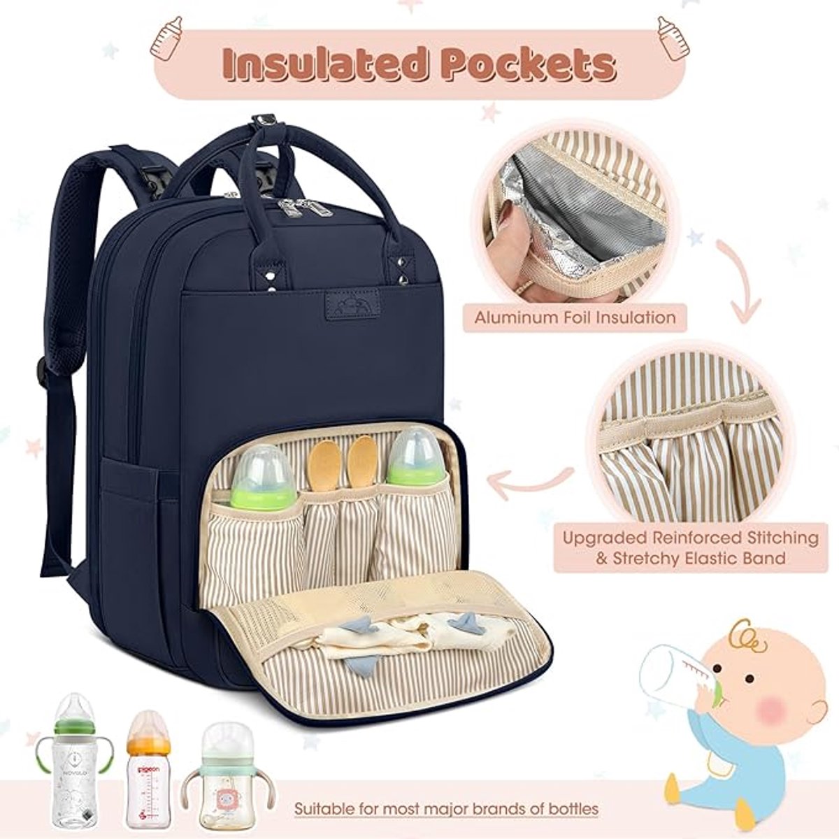 Famanu - Luierrugzak voor baby's, grote luiertas, babytas, rugzak met kinderwagenriemen en luieronderlegger, voor onderweg, blauw – foto 2