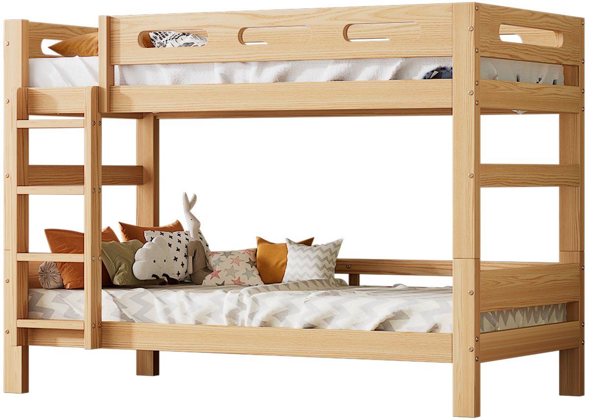 Merax Stapelbed 90x200cm voor Kinderen en Jongeren - Kieferhouten Bedframe met 4 Schubladen en Flexibel Ontwerp - Natuurlijk Hout bruin