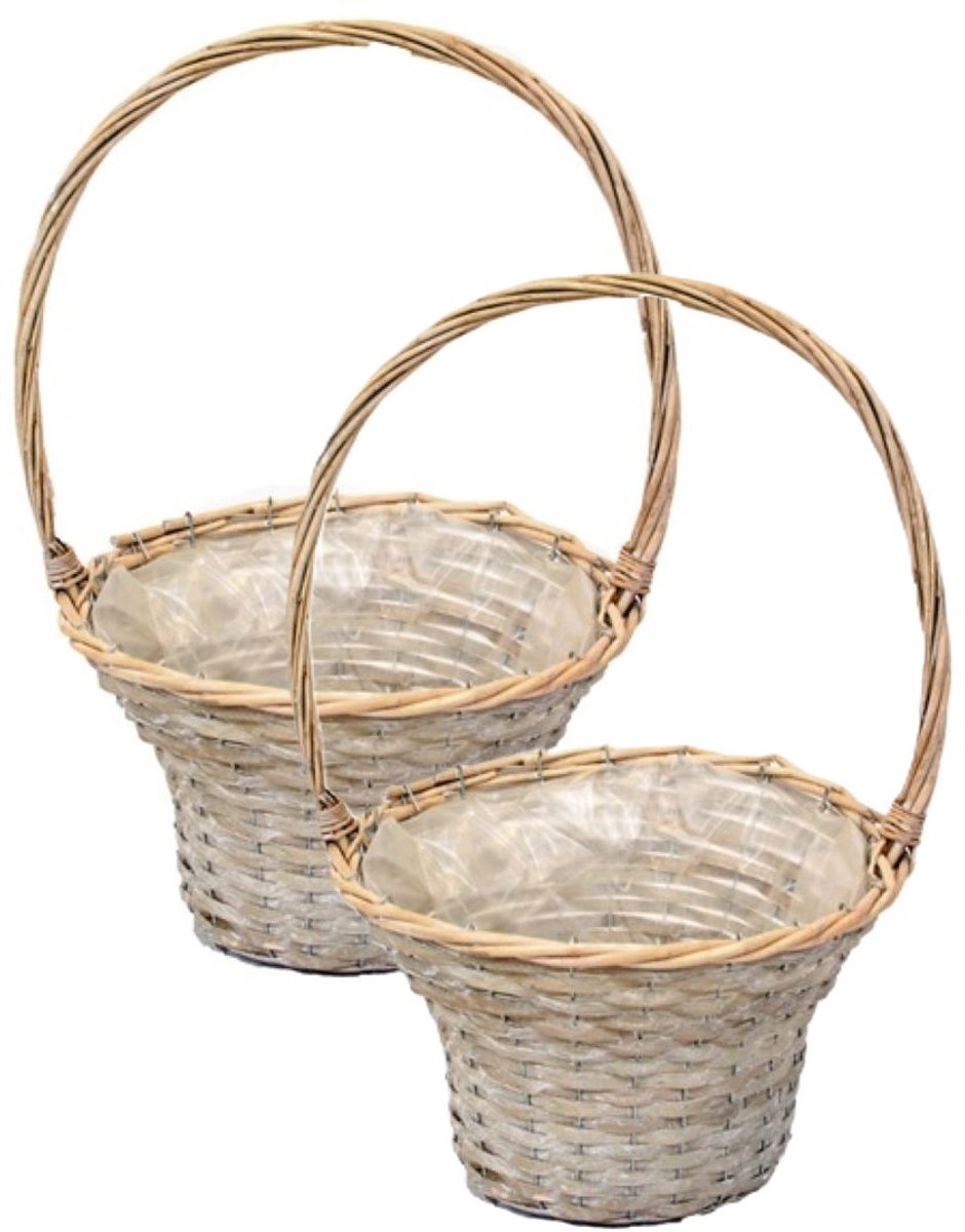 Van der Leeden Mand met hengsel - 2x - bruin - D35 x H56 cm - rotan - gevlochten riet - opbergmand - bloempot/plantenpot