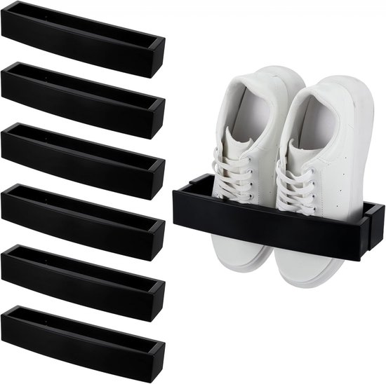 6 stuks - Schoenenrek - schoenenrek - Hangend Schoenenrek Deur - verstelbare wandgemonteerde schoenenrekken - met klevende ophangstrips - plastic schoenenhouder - opbergorganizer - deurschoenhangers - Zonder Boren - ABS - zwart - 27,5*5 cm