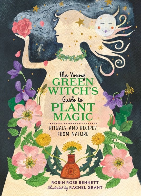 Boekcover met de titel 'The Young GREEN WITCH'S Guide to PLANT MAGIC'. Centraal een silhouet van een vrouwfiguur, omringd door bloemen, bladeren en een maan gezichtje.
