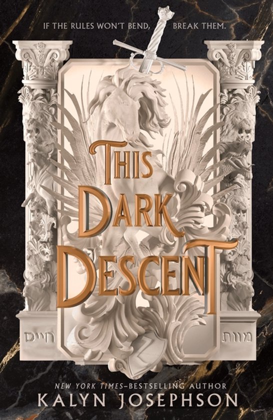 Boekcover 'This Dark Descent' met witte reliëfkunst van een leeuw en zwaard. Tekst: 'IF THE RULES WON'T BEND, BREAK THEM.'