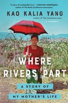 Een meisje met een rode paraplu boven haar hoofd, in een rode top en een groene en witte rok. De titel 'Where Rivers Part A Story of My Mother's Life' staat op de voorkant.