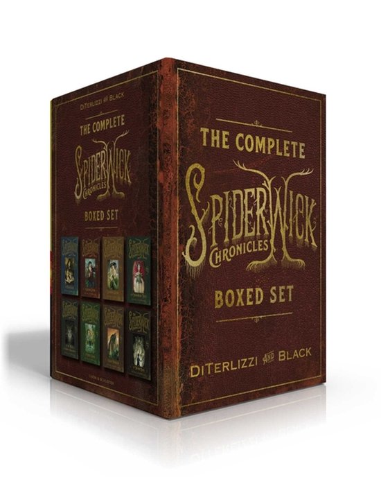 De Complete Spiderwick Chronicles Boxed Set, bruine kaft met gouden letters en illustraties, met kleine boekjes.
