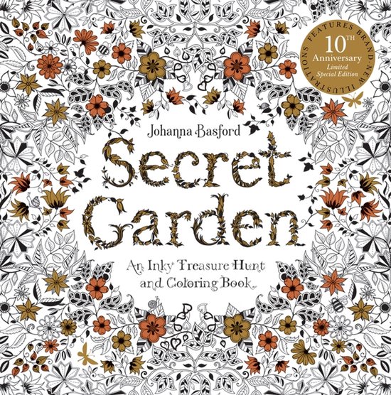 Couverture du livre 'Secret Garden' par Johanna Basford, avec des illustrations botaniques en noir, orange et or.