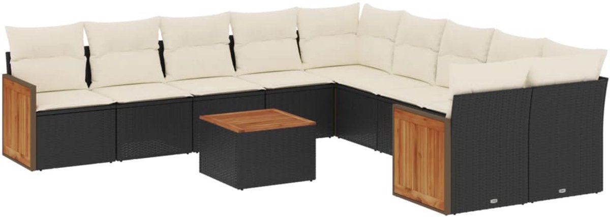 The Living Store 11-delige Loungeset met kussens poly rattan zwart - Loungeset - Lounge Set - Buitendecoratie - Tuinmeubels - Outdoor Furniture
