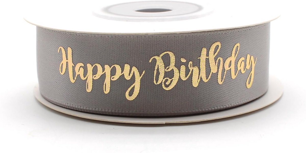Taupe Versiering Lint met Gouden Letters - Happy Birthday Decoratie - 9 Meter
