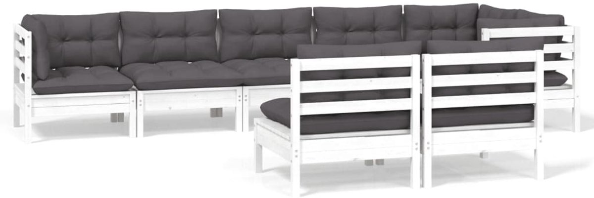 The Living Store 8-delige Loungeset met kussens massief grenenhout wit - Tuin Lounge Set - Loungestoel - Houten Loungebank - Buitentijdbanken - Tuinset