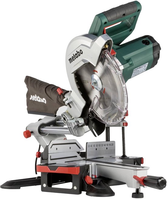 Metabo afkortzaag met zilveren en groene behuizing, met stofzak en laser.
