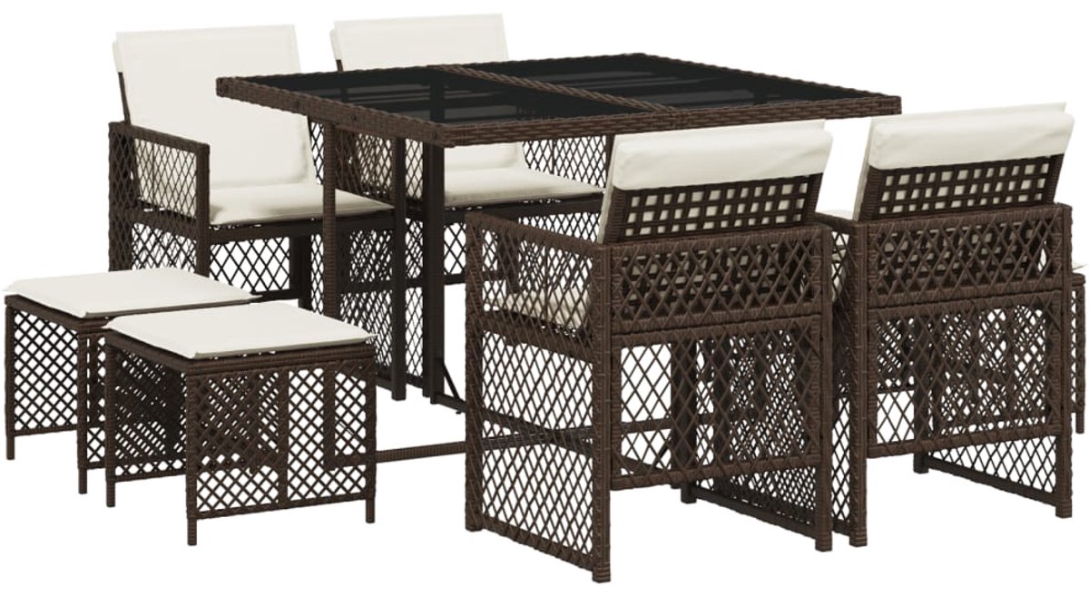 The Living Store 9-delige Tuinset met kussens poly rattan bruin - Tuinmeubels - Tuinset - Lounge Set - Buitendecoratie - Veranda