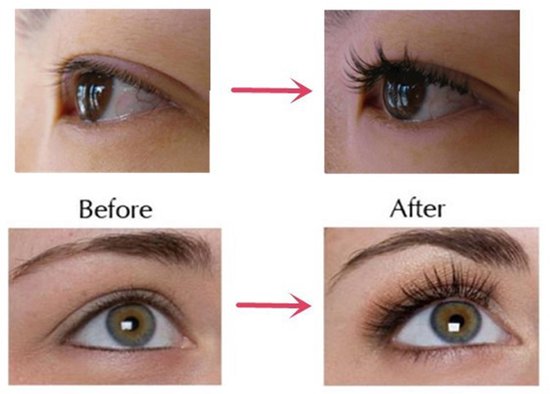 Vergelijking 'Voor' en 'Na' van wimpers na gebruik van FEG Eyelash Enhancer.