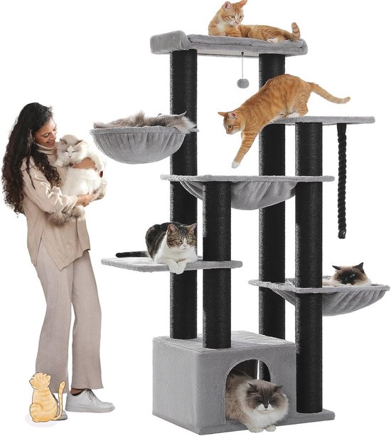 PAWZ Road XXL Krabpaal Voor Grote Katten – 169 Cm – 13 Sisalpalen (11 Cm) – Hangmatten, Zitstokken En Holletjes – In De EU Gemaakt – Stabiel En Stevig (zwart)