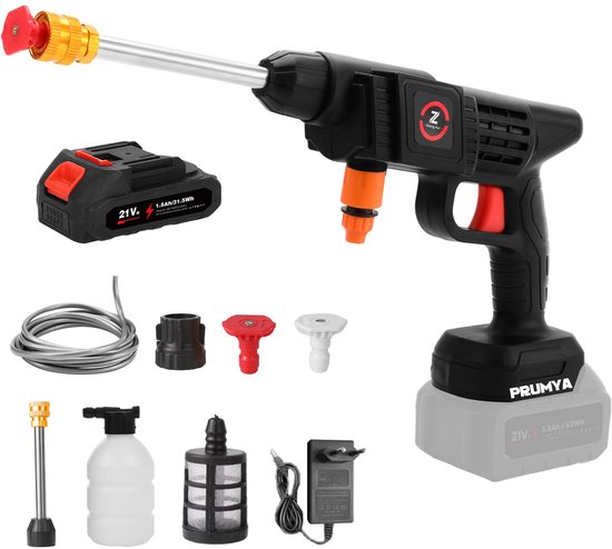 Snoerloze Hogedrukreiniger met Accu en Verstelbaar Mondstuk-Incl. 20V 4.0Ah Accu + Oplader - Voor Reinigen en Sproeien - Incl. Aanzuigslang en Fles - Zwart