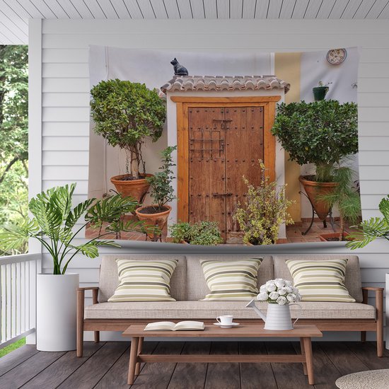 Ulticool - Deur Planten Kat - Wandkleed Poster - 200x150 cm - Groot wandtapijt - Tuinposter Tapestry - Schilderij Decoratie Tuin Versiering Accessoire voor zowel buiten als Muurdecoratie in woonkamer