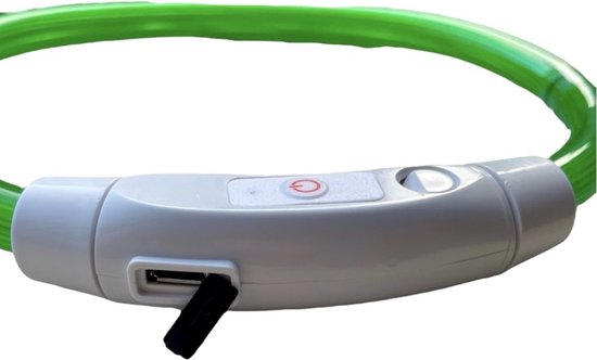 Collier LED vert pour chien avec fermeture blanche et port USB.