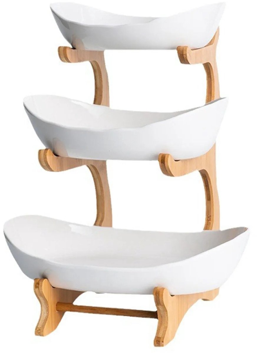 Mila Shop Fruitschaal - Fruitmand - keramisch - 3 Laags - Wit - Ruimte besparend - Multifunctioneel - Hout - Bamboe standaard - Fruit etagére - H33 X B13.5