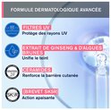 Geavanceerde dermatologische formule. UV filters, ginseng en bruin alg extract, ceramides, kalmerende werking.