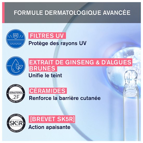 Geavanceerde dermatologische formule. UV filters, ginseng en bruin alg extract, ceramides, kalmerende werking.